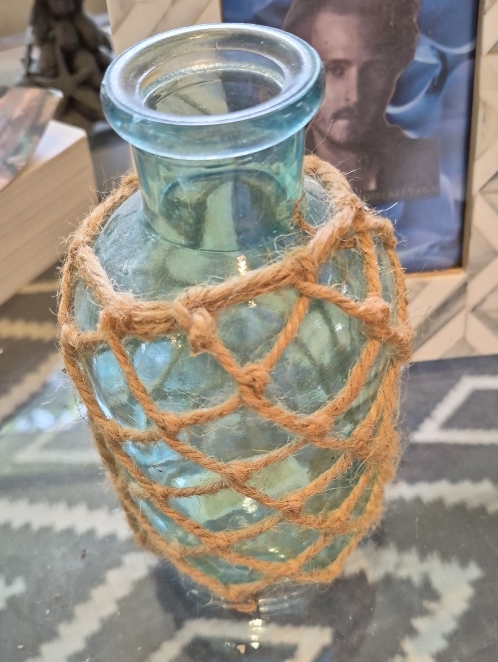 Source Unknown Aqua Glass Vase with Jute Net !